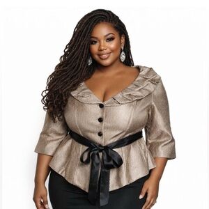 Adrianna Papell Victorian Ruffle Evening Jacket Metallic gold Belt Crinkle 18W